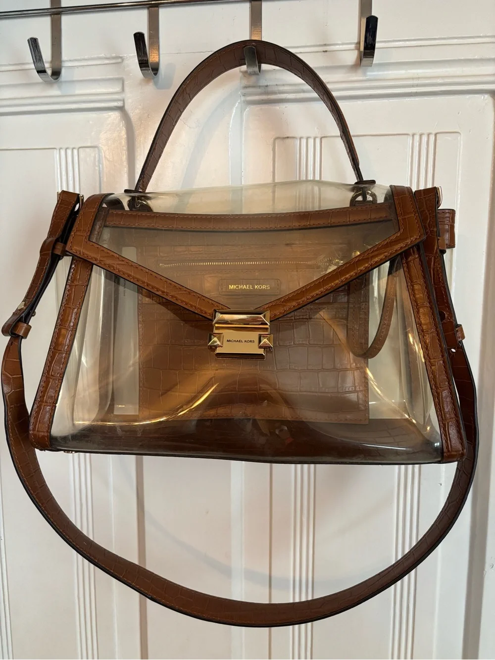 Michael Kors Clear Shoulder Bag with Brown Croc-Embossed Trim and Gold Hardware